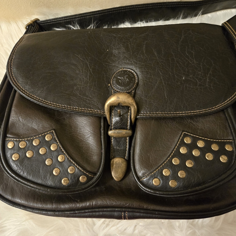 Rare David Jones Black Leather Studded Handbag with Pockets and adjust Strap